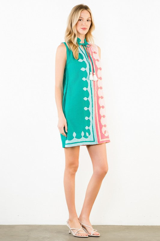Preorder: Ruffle neck Tassel Color Block Dress THML