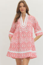 Pink Botanical 3/5 Sleeve Mini Dress