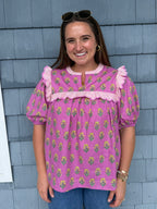 Pink Floral Ruffle Yoke Sleeve Top