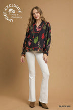 Black Floral Print Textured Fabric Collared Top