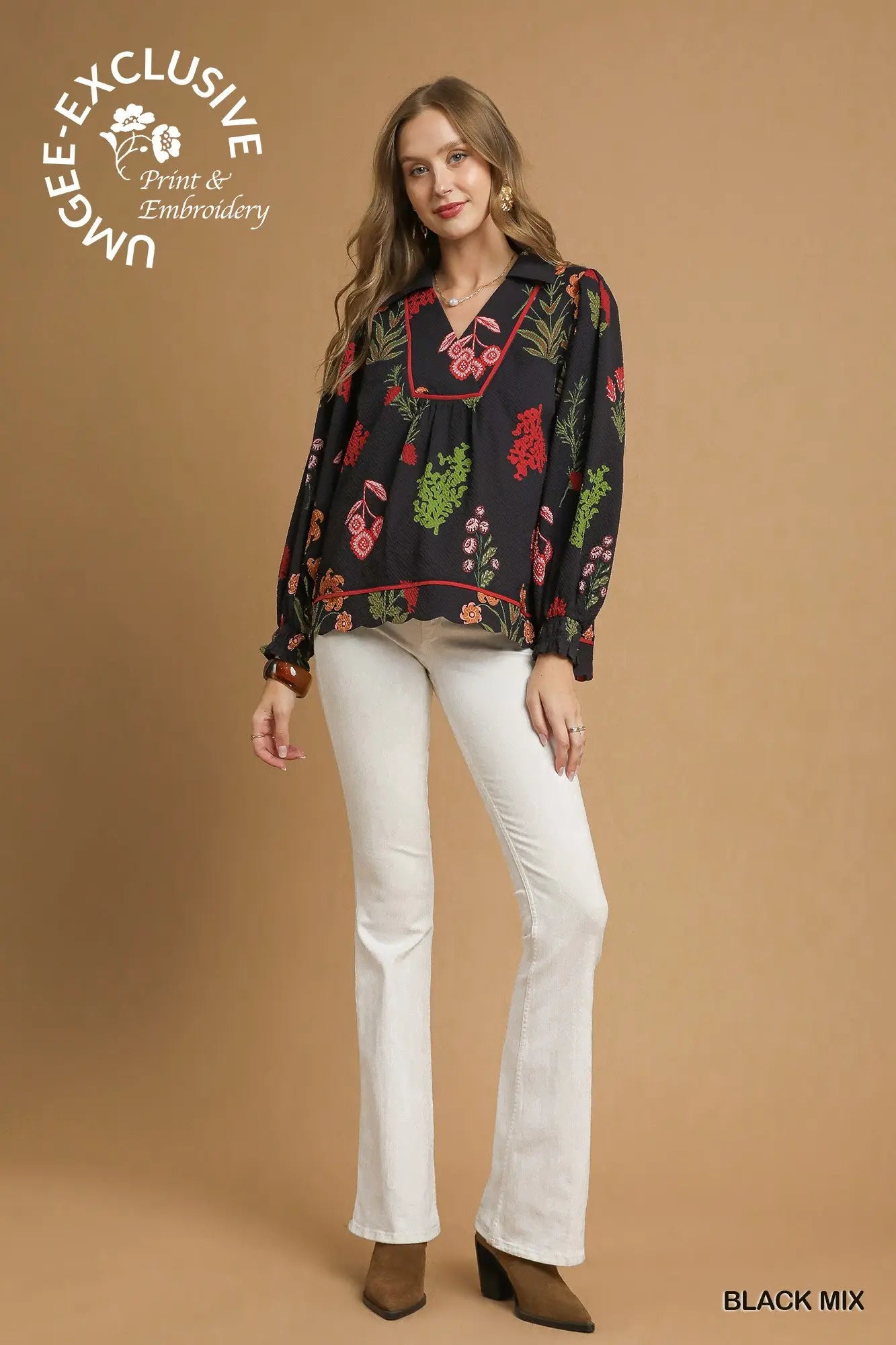 Black Floral Print Textured Fabric Collared Top