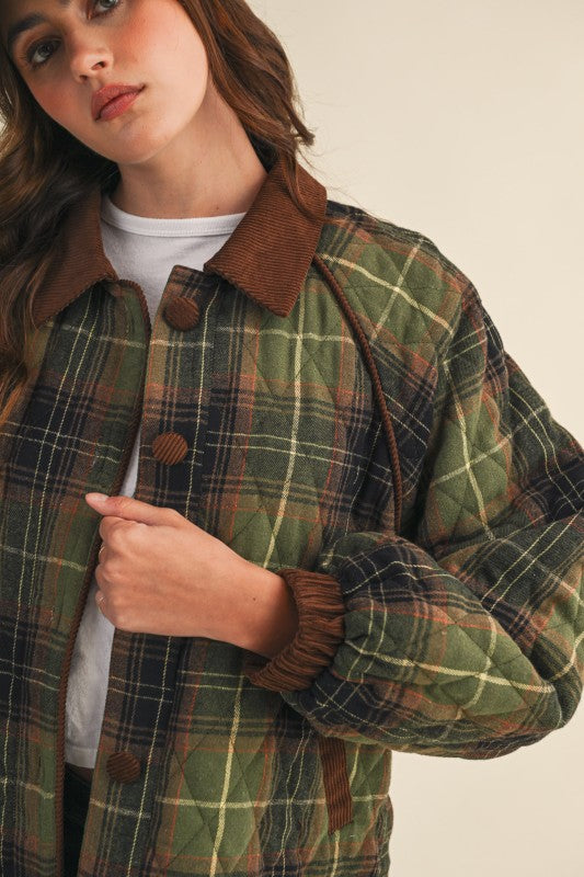 Olive Plaid Quilted Jacket With Corduroy Jacket SHIPS OR PICKUP FROM COCO 10/15/25