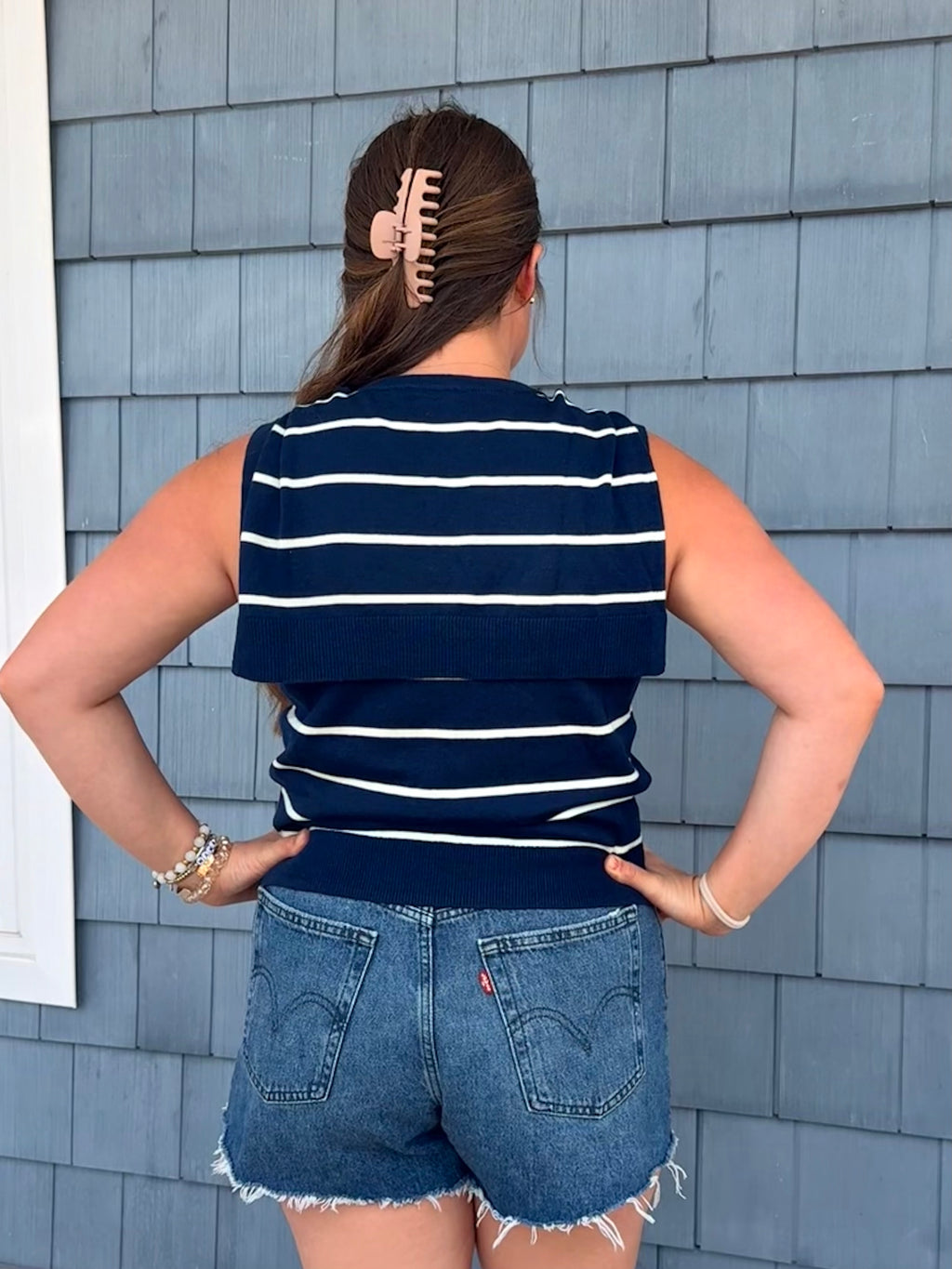 Navy & White Knit Sleeveless Attached Scarf Detail Neckline