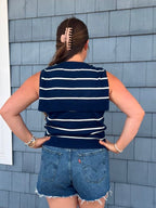 Navy & White Knit Sleeveless Attached Scarf Detail Neckline