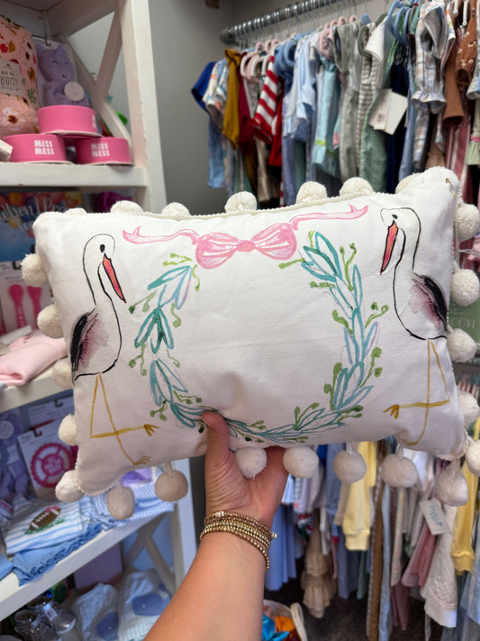 Stork Nursery Pillow with PomPoms