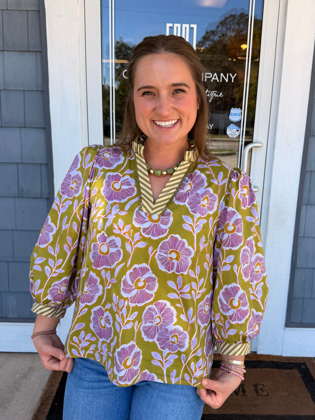 Green Floral V-neck Top