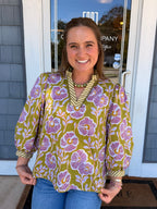 Green Floral V-neck Top