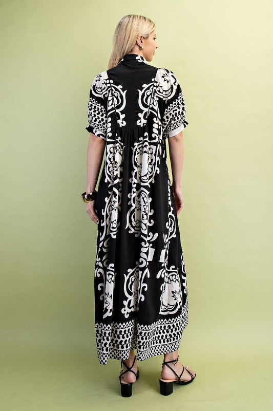 Black Print Short Puff Sleeve MIDI Dress