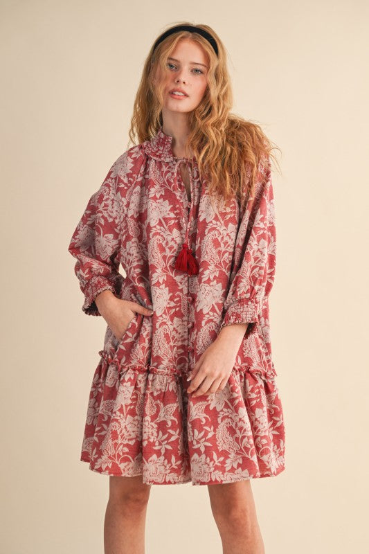 Red Floral Jacquard Smocked Dress
