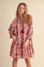 Red Floral Jacquard Smocked Dress