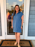 Textured Knit Quarter Zip Dress Dusty Blue
