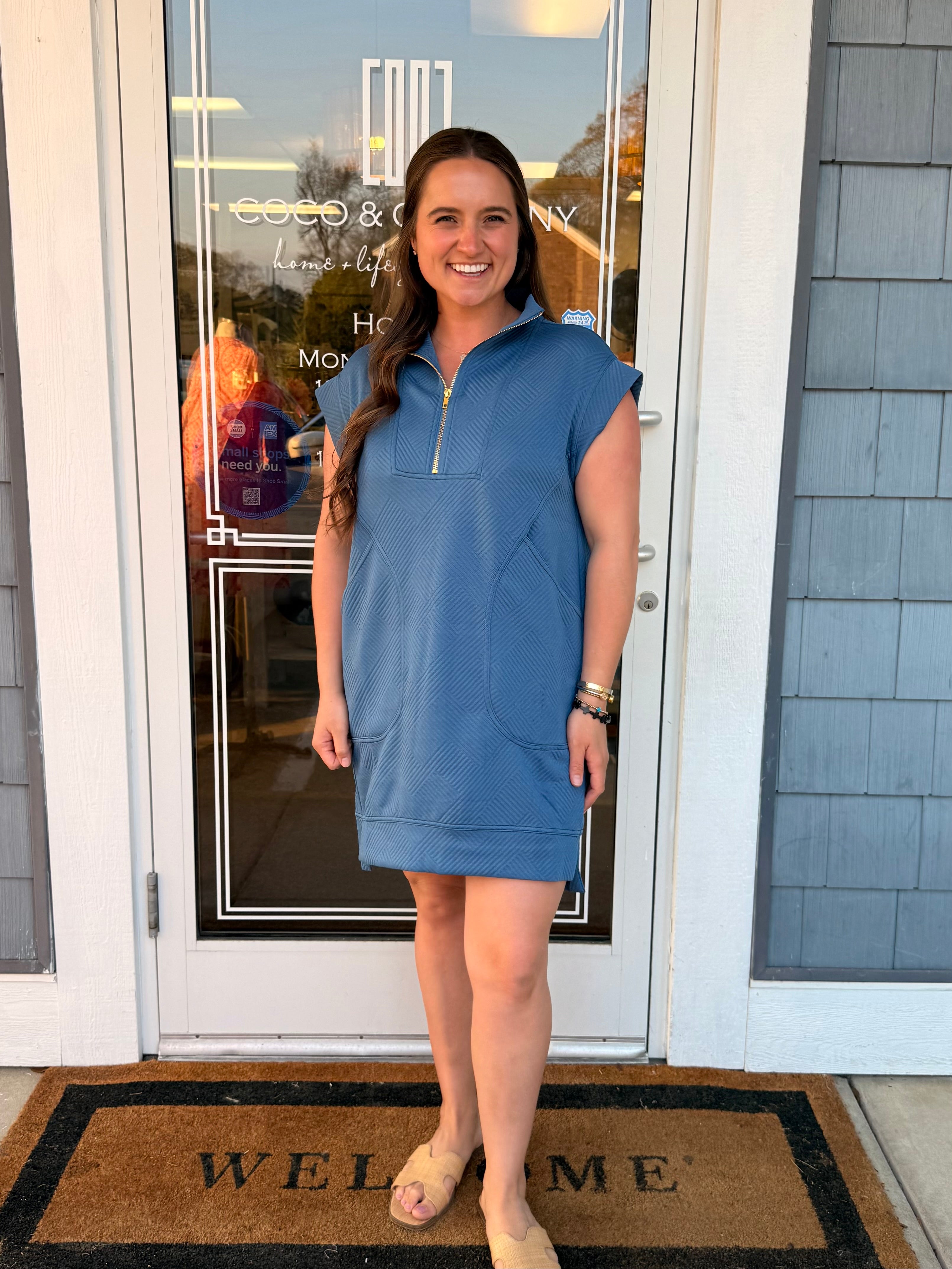 Textured Knit Quarter Zip Dress Dusty Blue