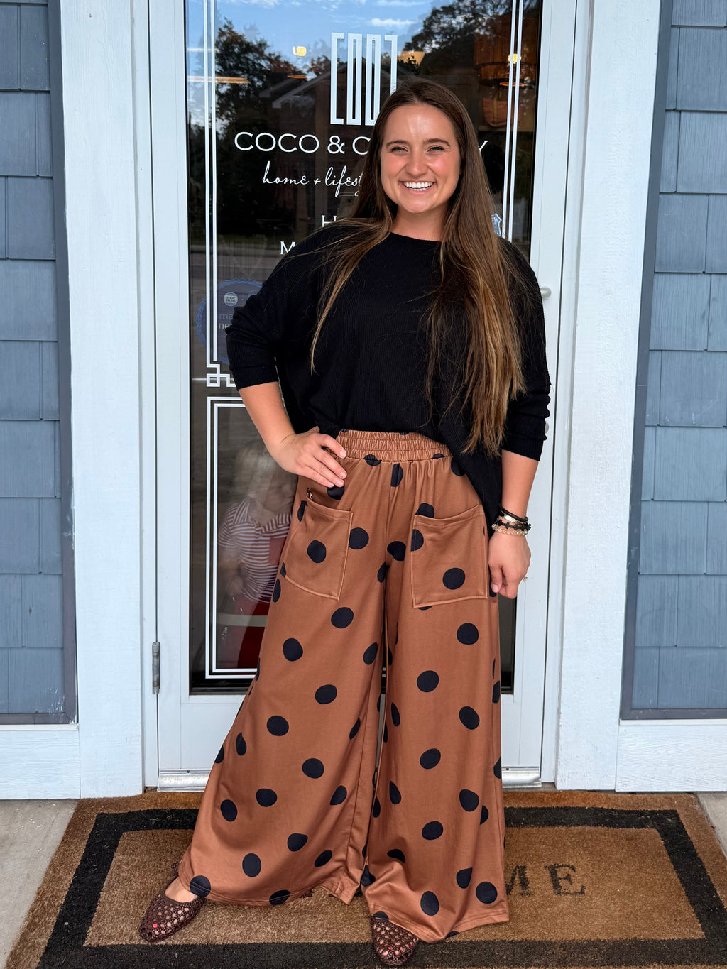 Brown & Black Polka Dot Elastic Wide Leg Pants