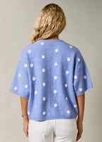 Blue Polka Dot Short Sleeve Crew Neck Knit Cardigan