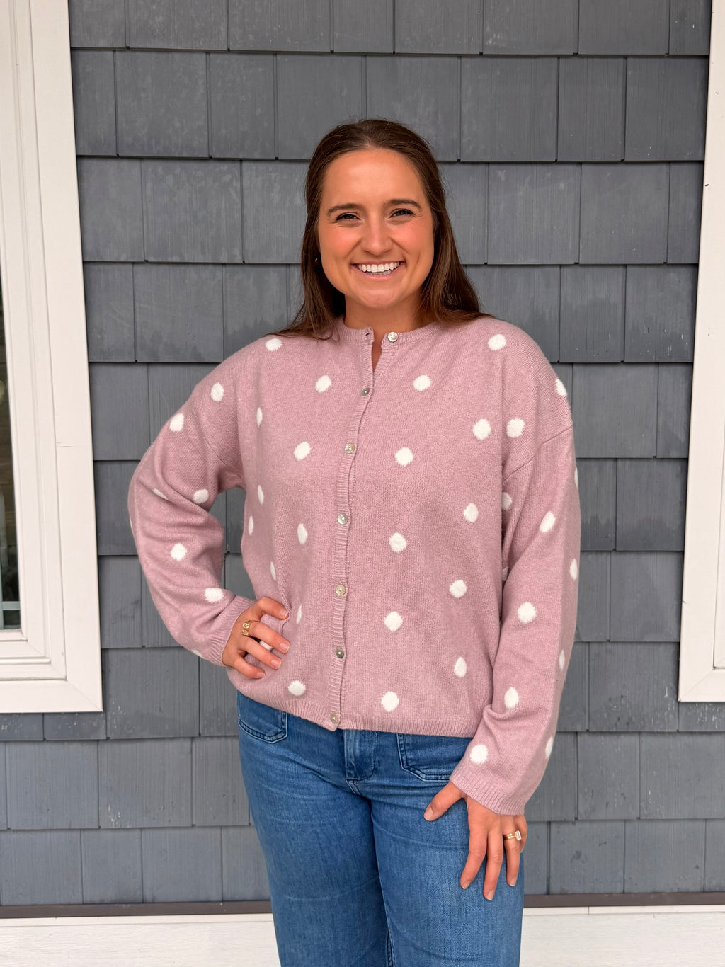 Pink Polka Dot Button Up Sweater