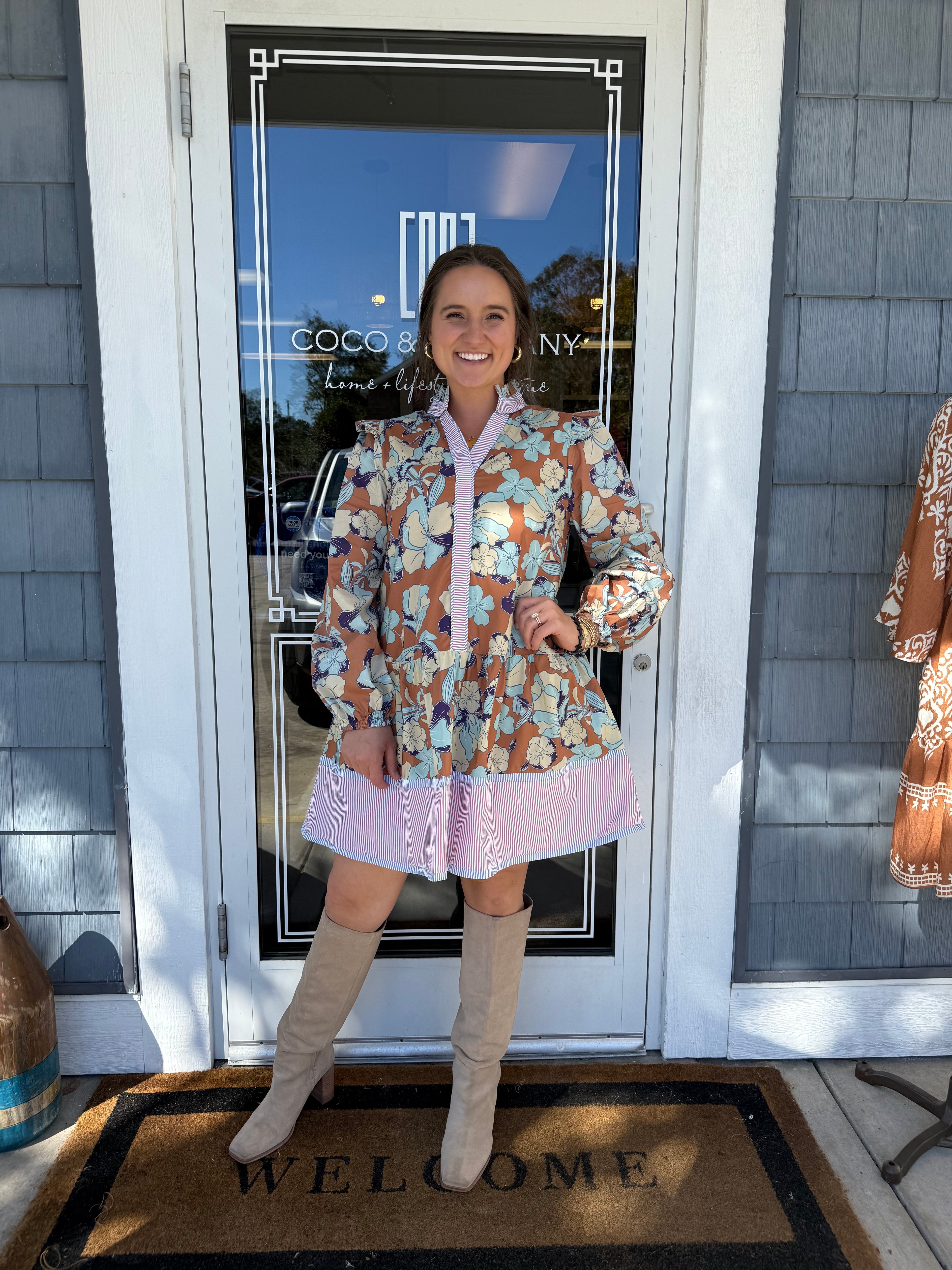 Caramel Ruffle Shoulder Floral Dress
