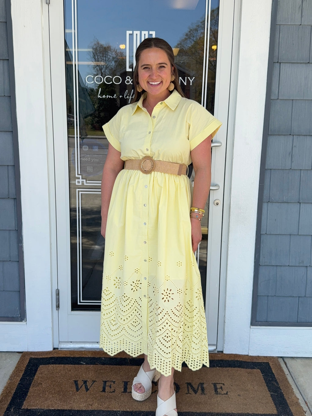 Lemon Eyelet Midi Dress Scallop Trim
