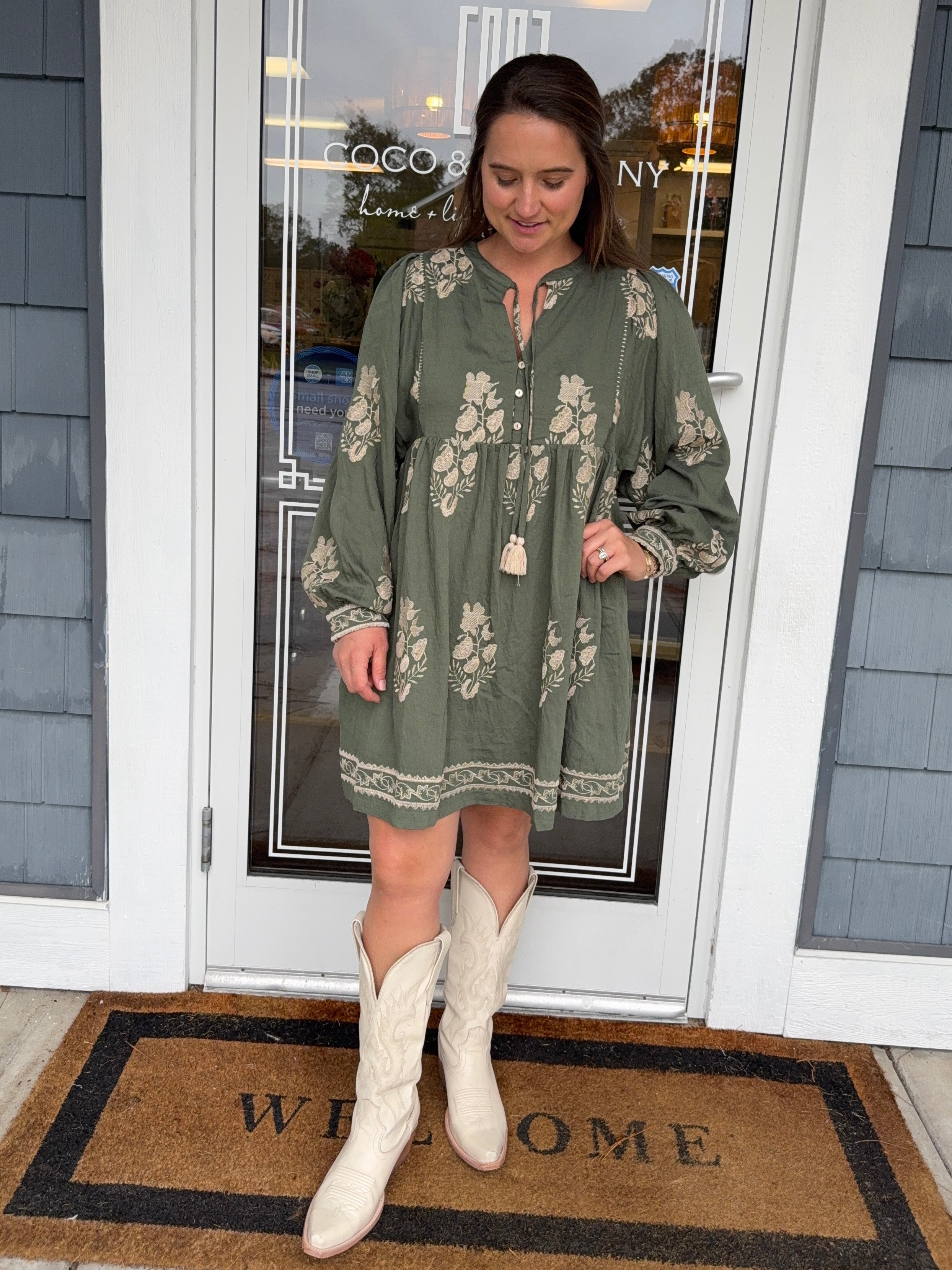 Olive Embroidered Puff Sleeve Dress