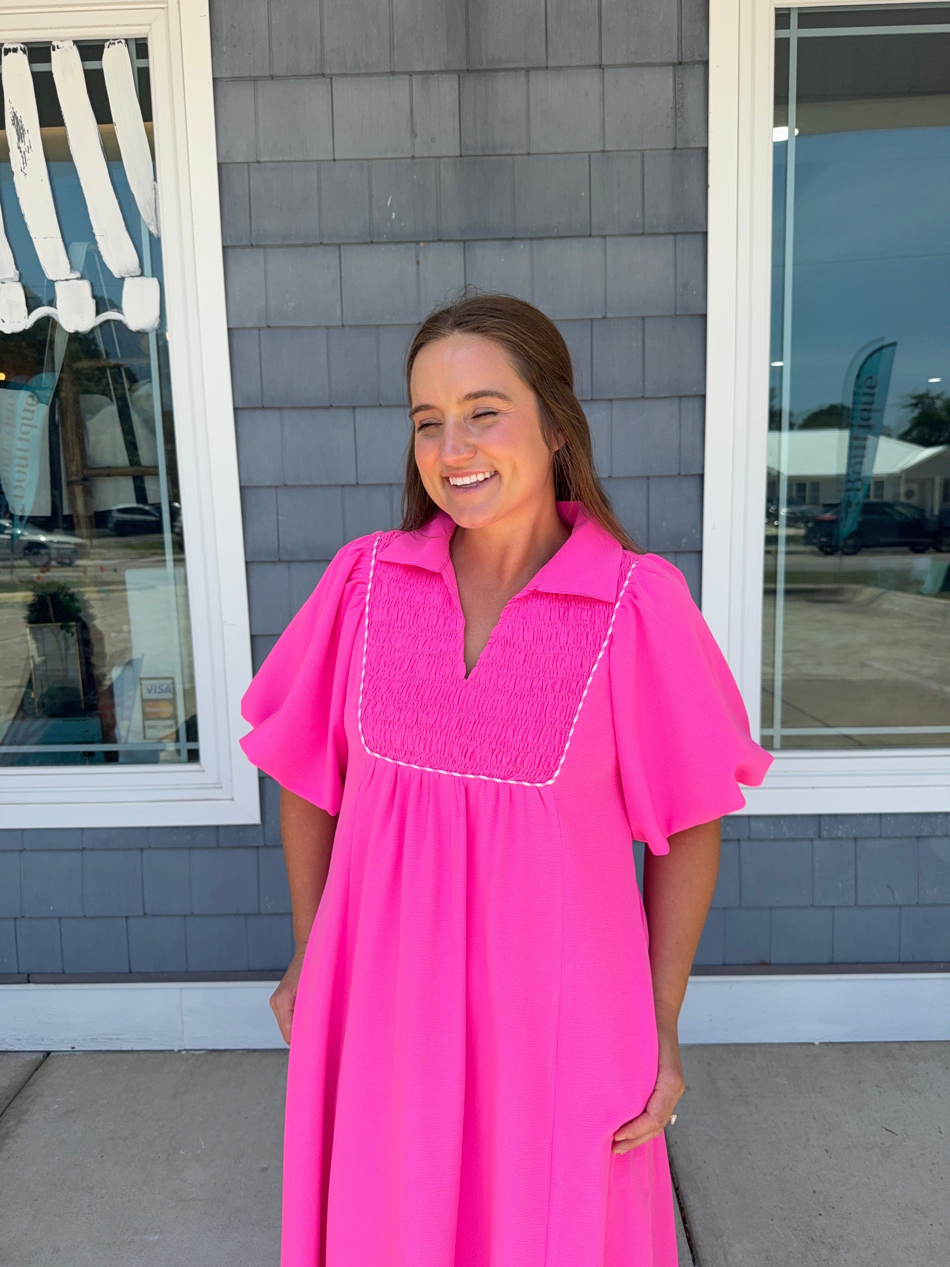 Hot Pink Smocking Chest Midi Dress