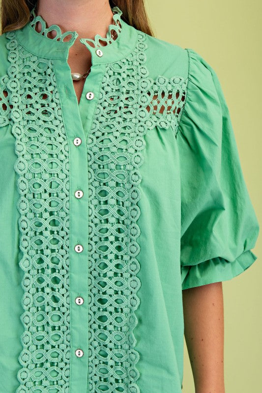 PREORDER: Mint Trim Detail Hutton Down Blouse