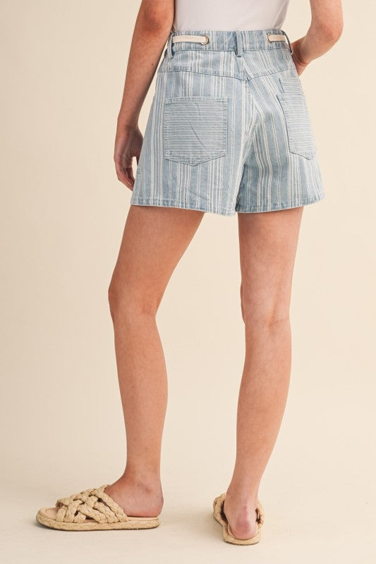 Mixed Stripe Light Denim Drawstring Shorts: SHIPS OF PICKUP 5/28/26