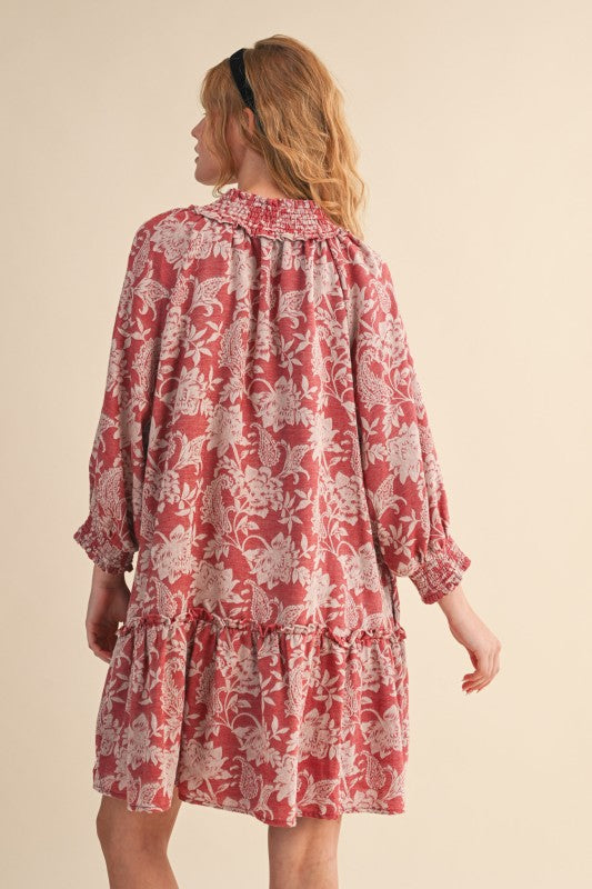 Red Floral Jacquard Smocked Dress