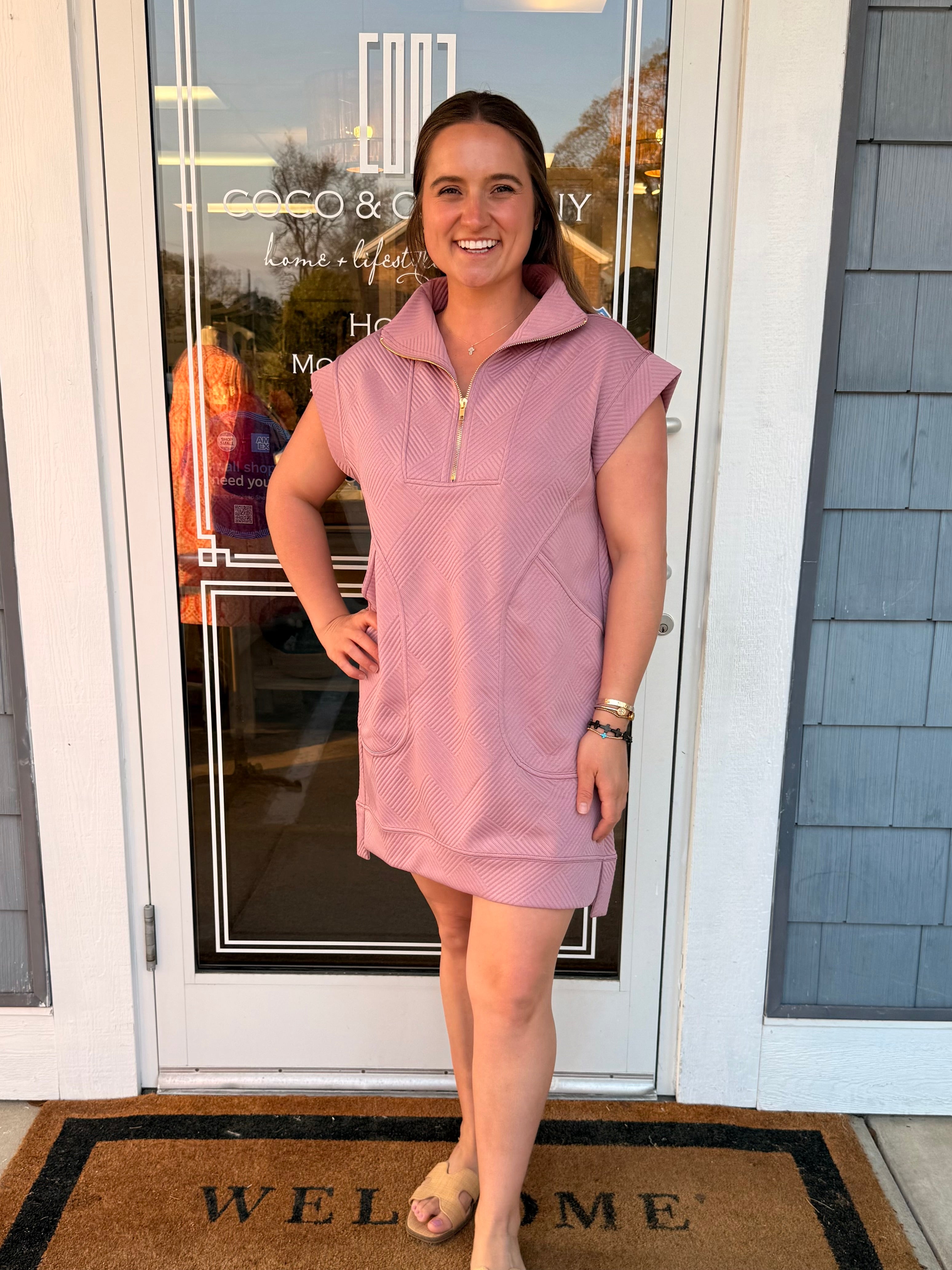 Textured Knit Quarter Zip Dress Light Rose