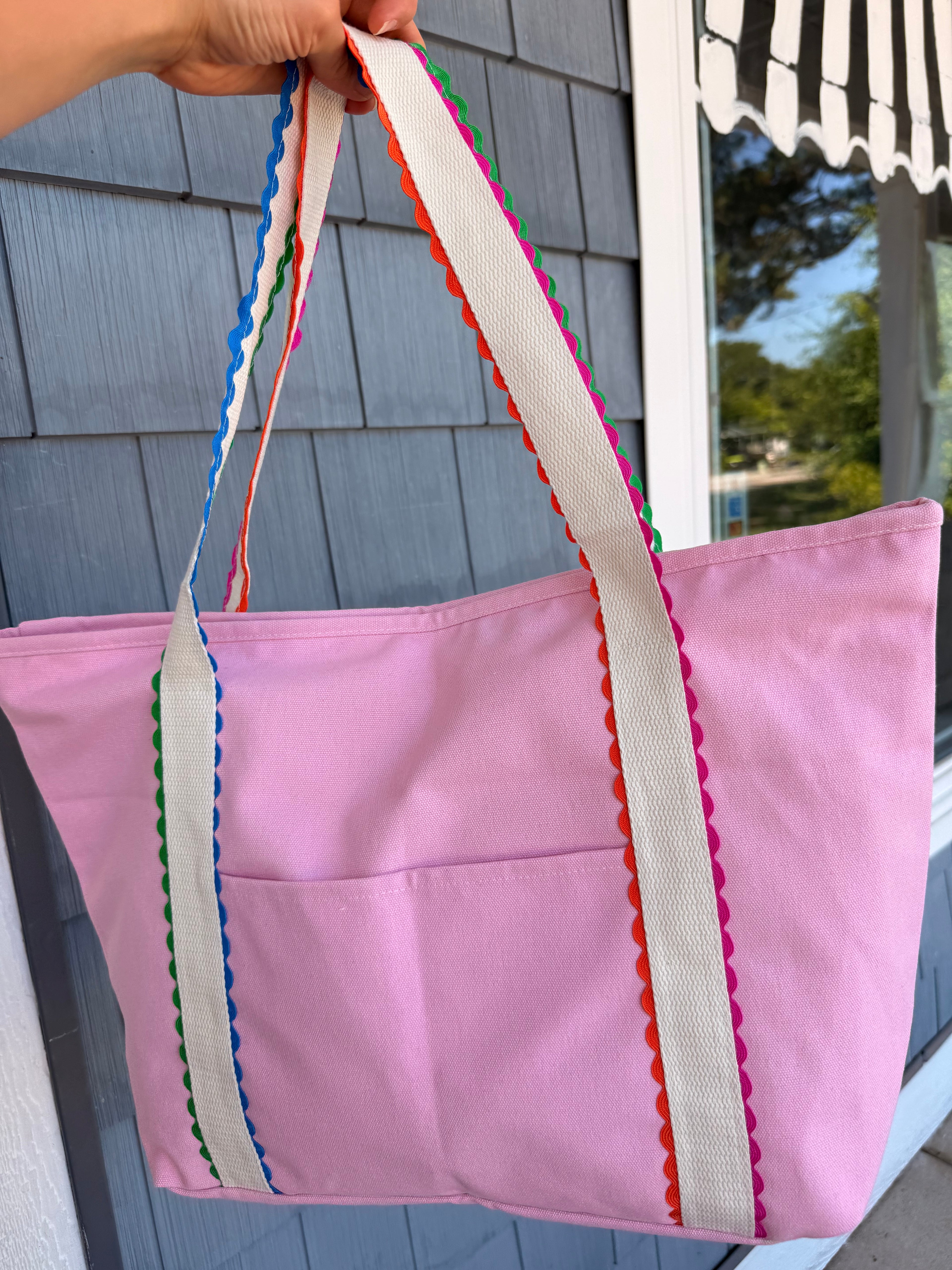 Pink Canvas Bag With Colorful Ric Rack Trim