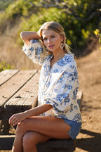 Blue Button Down 3/4 Balloon Sleeve Top