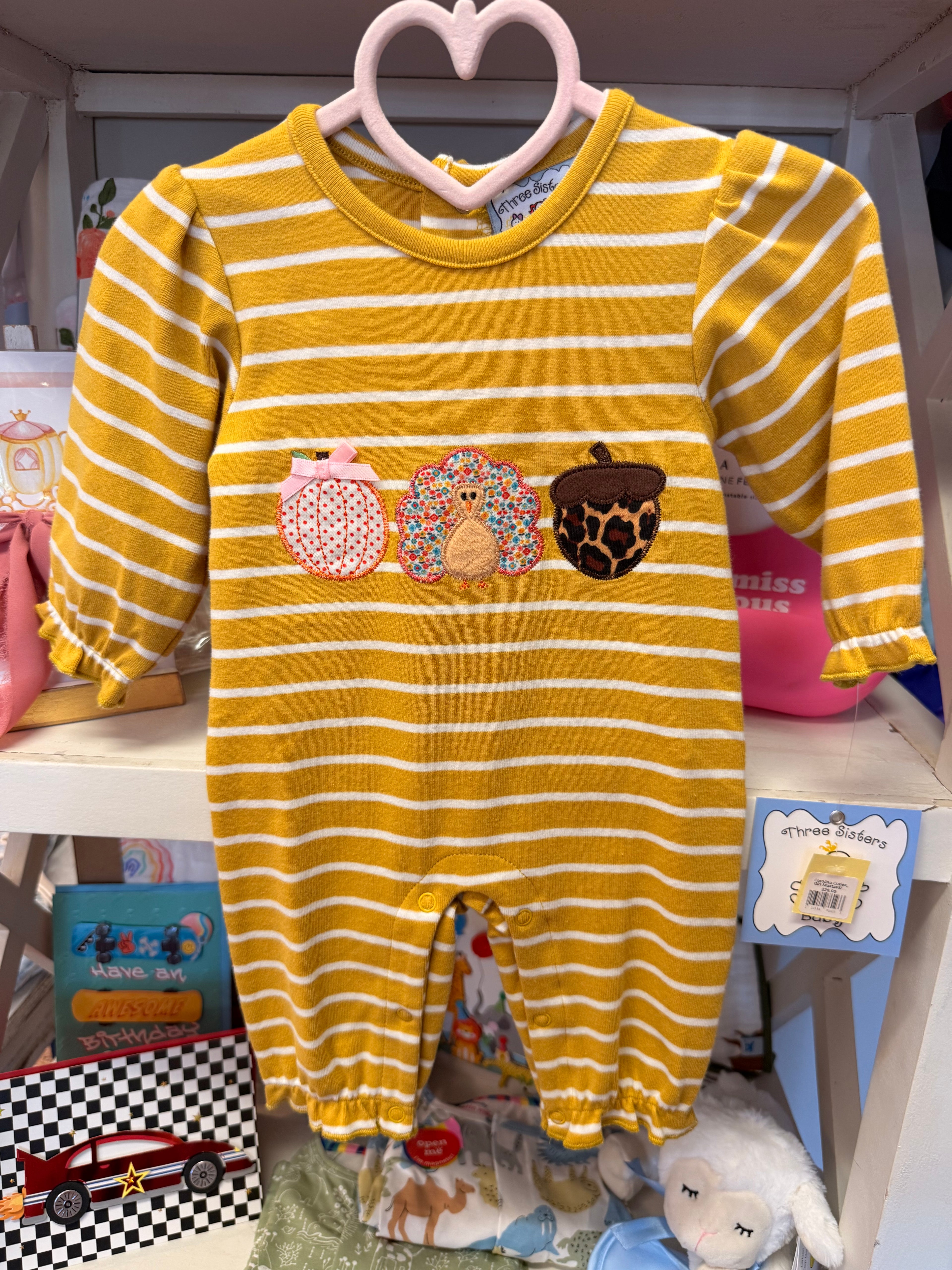Mustard/white Striped Romper W/ Turkey, Three Sisters