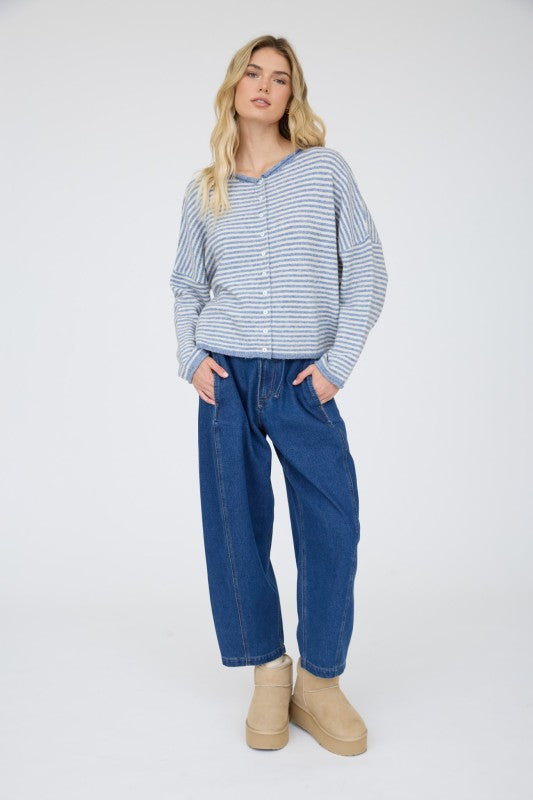 Dusty Blue Raw Edge Stripe Drop Shoulder Knit Cardigan