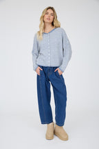 Dusty Blue Raw Edge Stripe Drop Shoulder Knit Cardigan