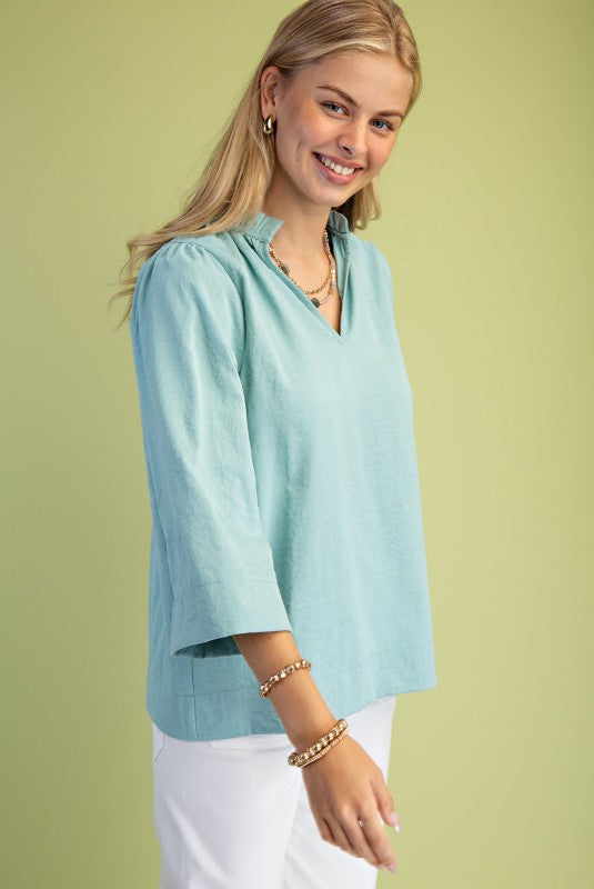 Seafoam Ruffled Neck Blouse