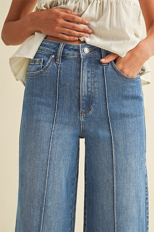 Medium Denim Stretch  High Rise Pin Tuck Wide Leg Jeans
