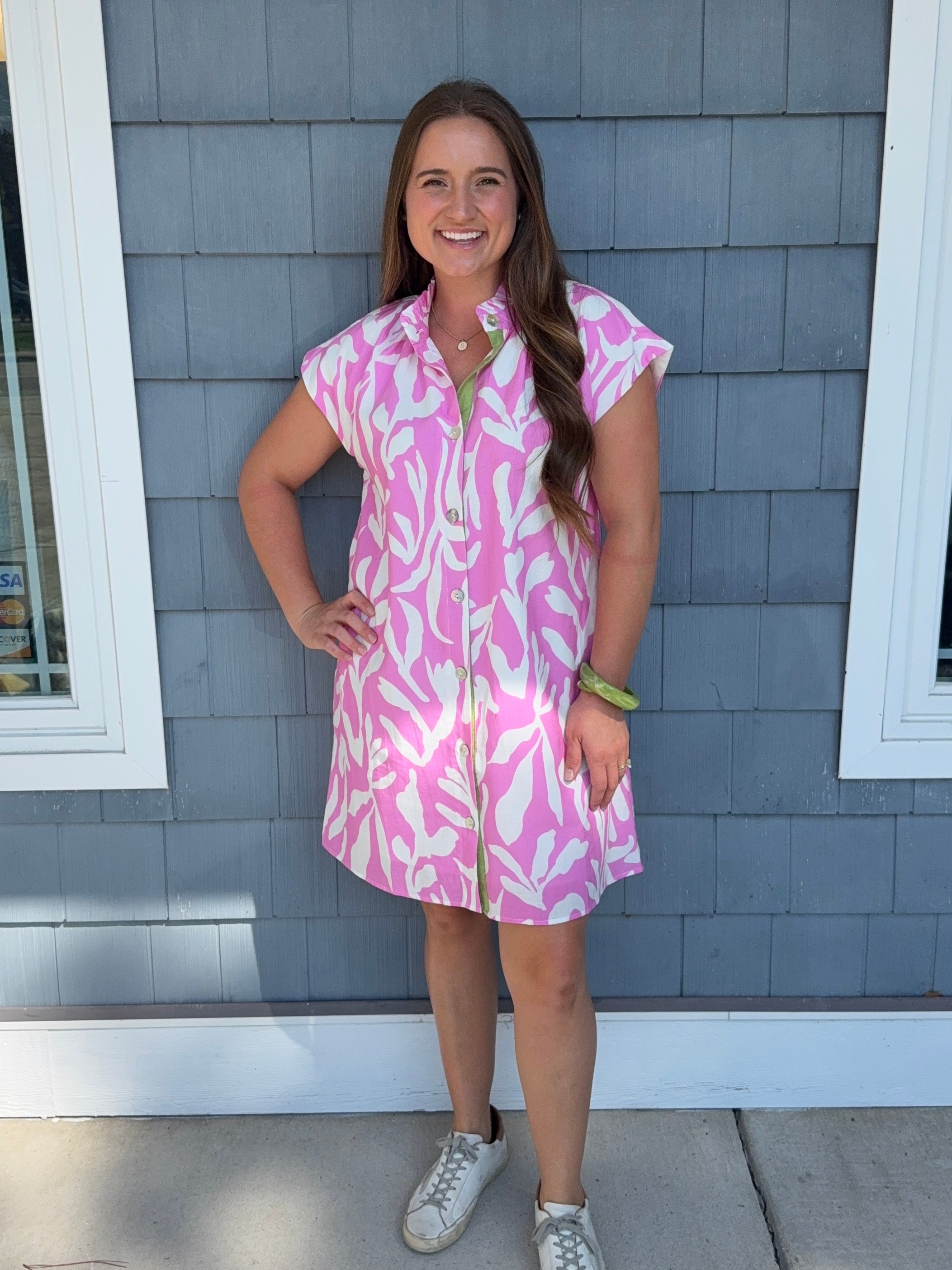 Pink Short Sleeve Woven Patern Detail Dress THML