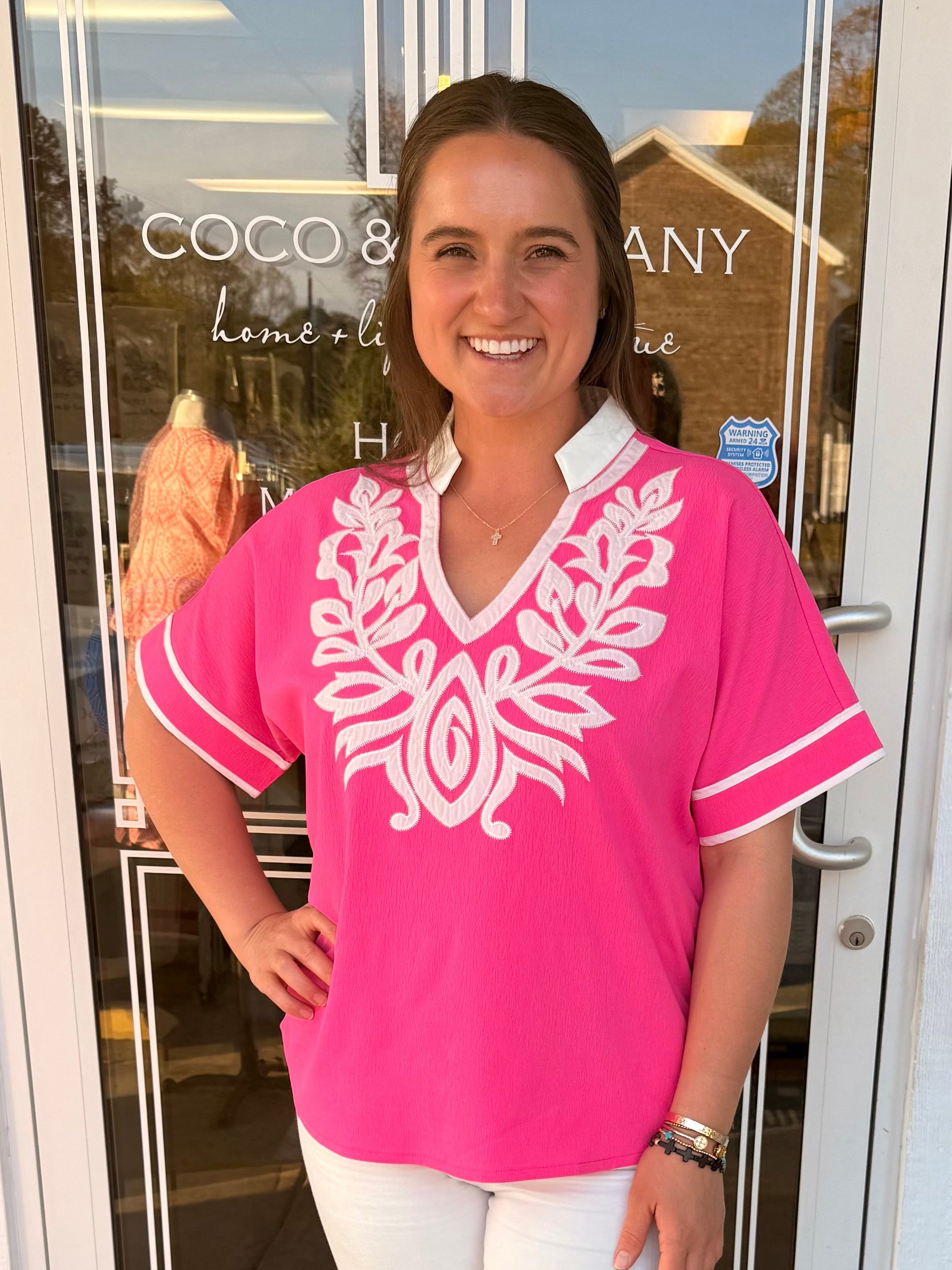 Hot Pink Baroque Appliqué Crinkle Top