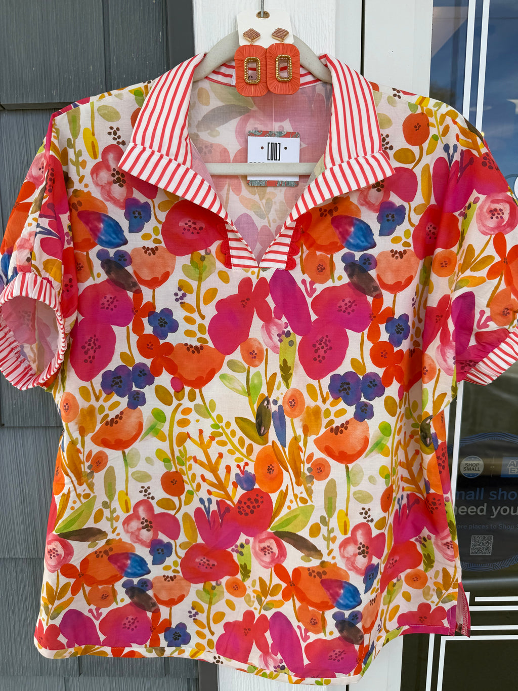 Rose Striped Trim Floral Blouse