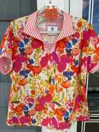 Rose Striped Trim Floral Blouse