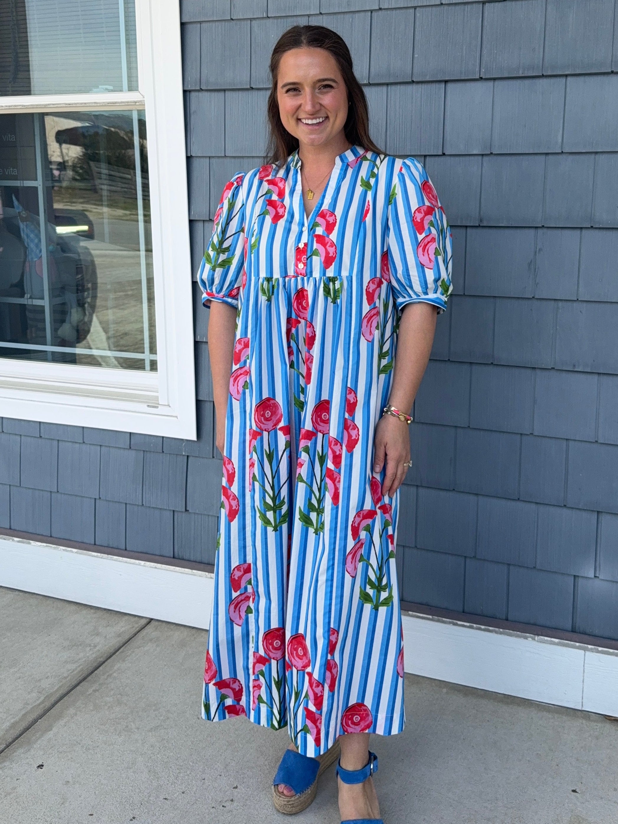 Blue Stripe Floral Midi Dress