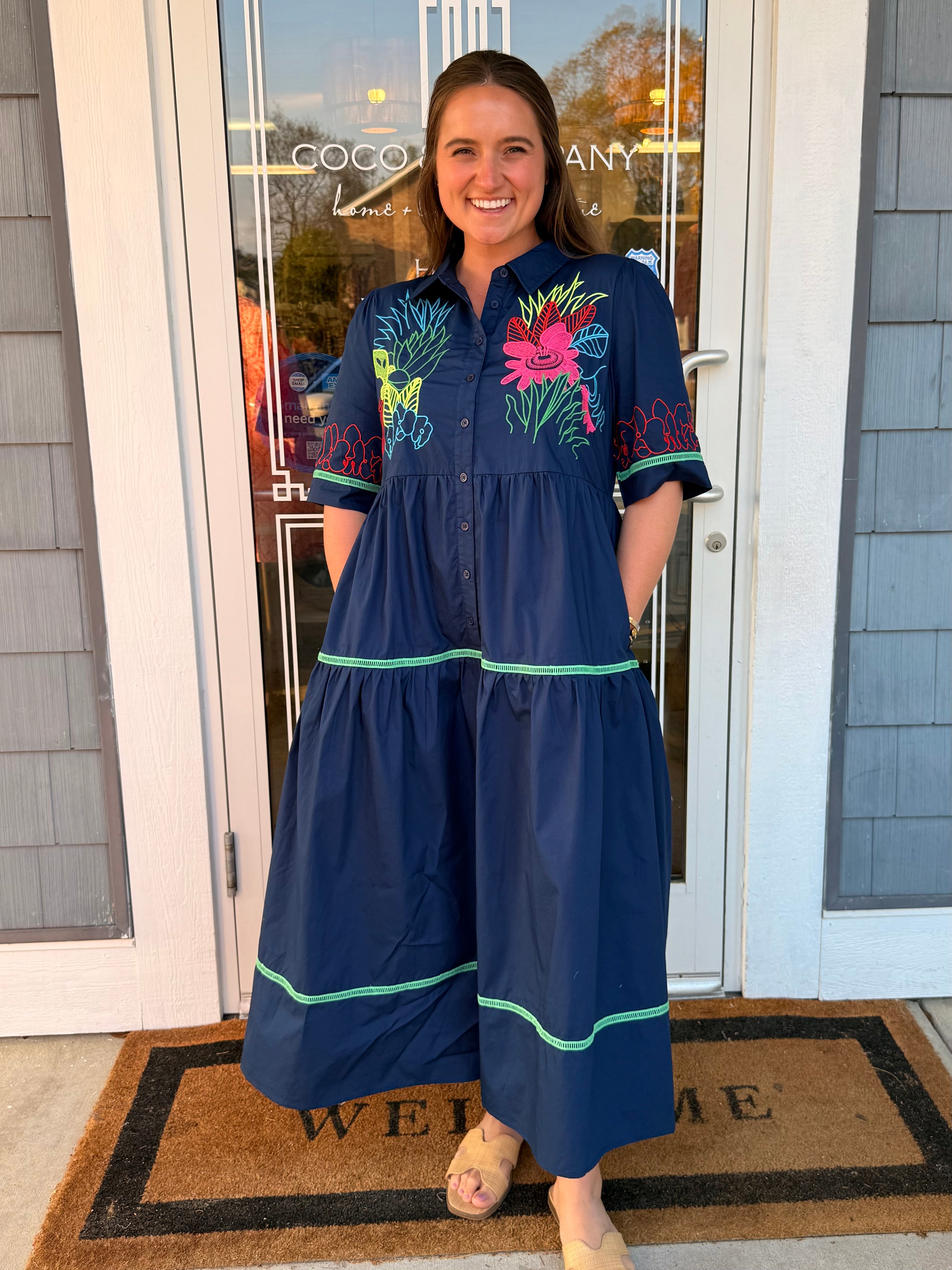 Navy Embroidered Button Down Midi Dress