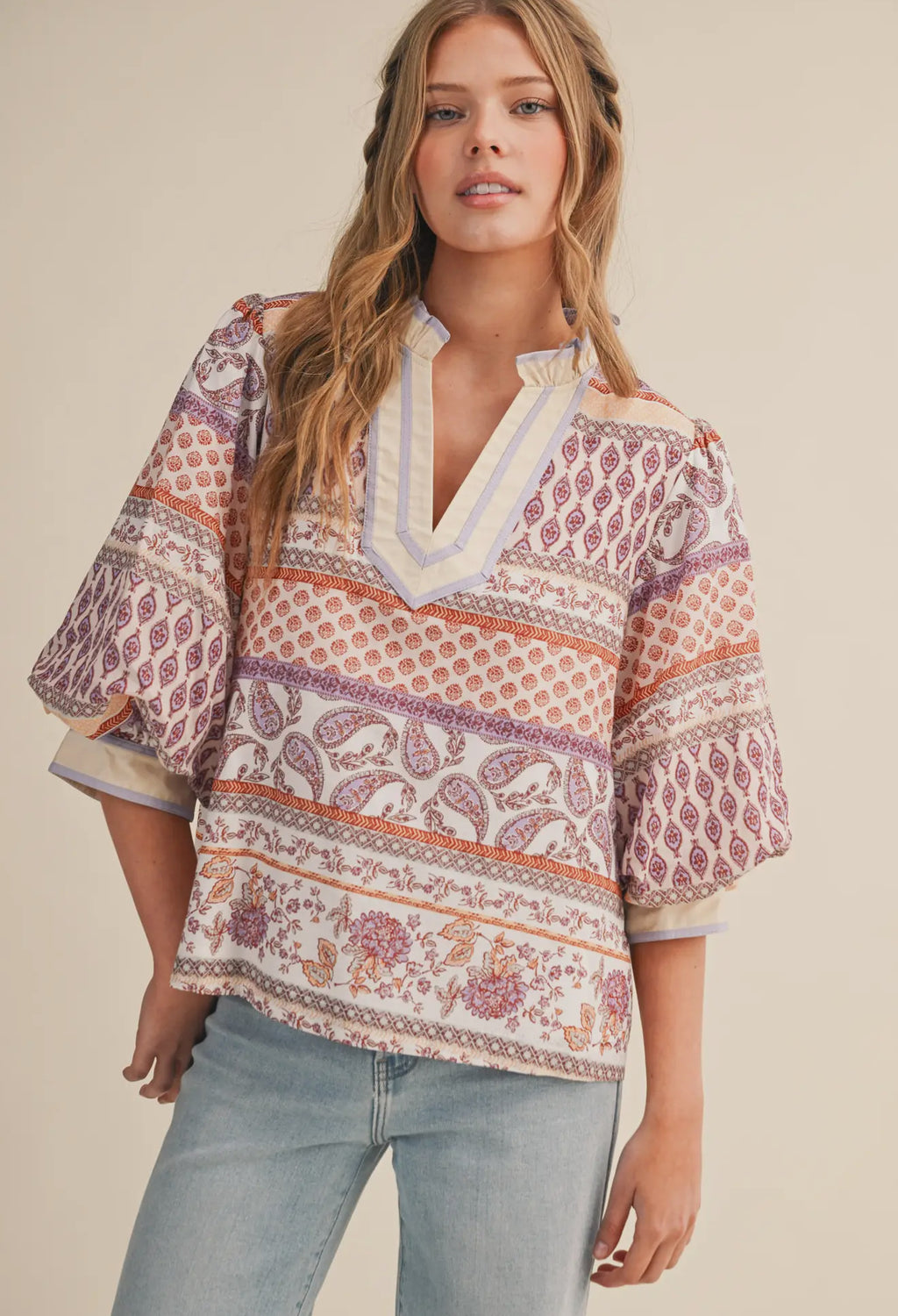Sand Multi Bubble Sleeve V-neck Top