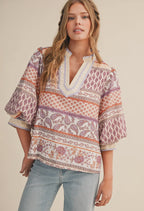 Sand Multi Bubble Sleeve V-neck Top