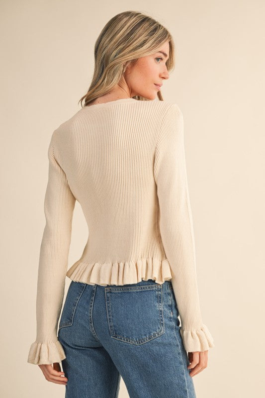 Cream Ruffle Hen Ribbed Knit Sweater Cardigan
