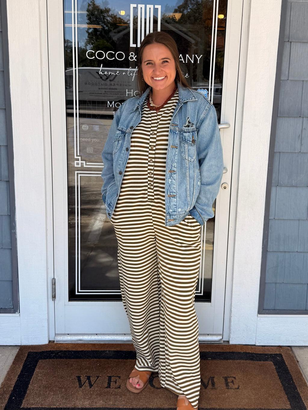 Mocha Stripe Knit Wide Leg Button Down Jumpsuit