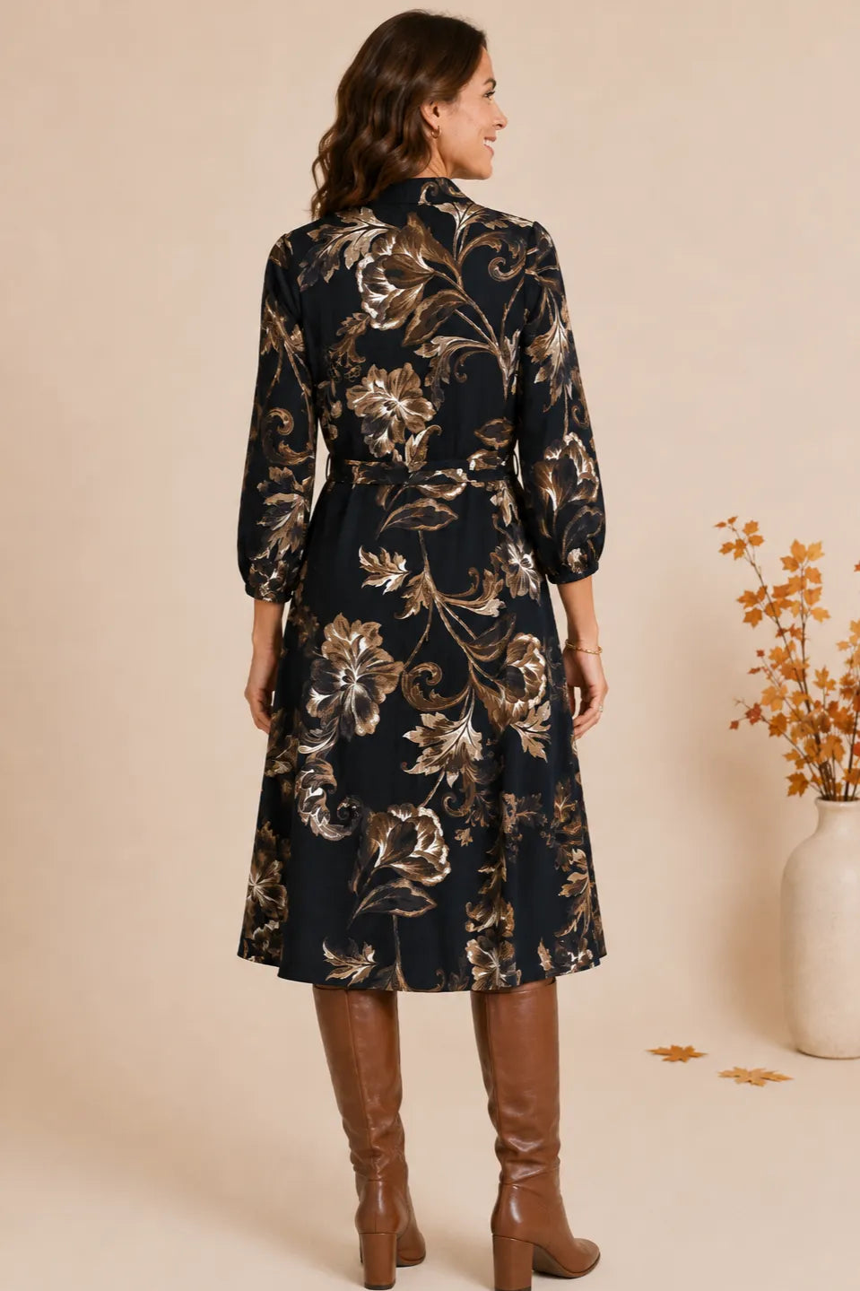 Fall Floral Black & Brown Self Tie Midi Dress