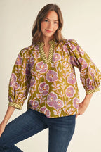 Green Floral V-neck Top