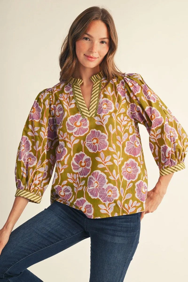 Green Floral V-neck Top