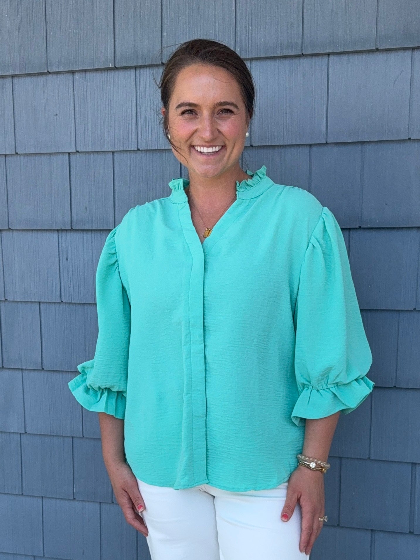 Emerald Balloon Sleeve Blouse