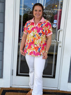 Rose Striped Trim Floral Blouse