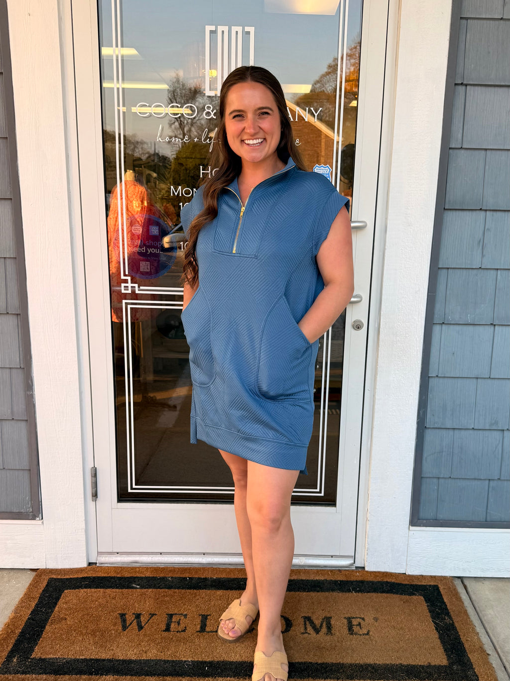 Textured Knit Quarter Zip Dress Dusty Blue